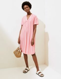 Deals 🤩 M&S Collection 👗 Dresses Linen Rich Striped V-Neck Shift 👗 Dress 🔔