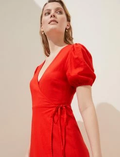 New ✔️ M&S Collection 👗 Dresses Linen Blend V-Neck Mini Wrap 👗 Dress 🧨 -Women's Holiday Shop Sales SD 01 T52 6103 B0 X EC 2