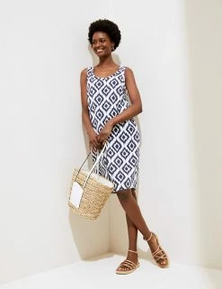 Deals 🔥 M&S Collection 👗 Dresses Linen Blend Printed Scoop Neck Shift 👗 Dress 🔔