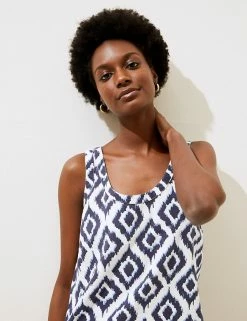 Deals 🔥 M&S Collection 👗 Dresses Linen Blend Printed Scoop Neck Shift 👗 Dress 🔔 -Women's Holiday Shop Sales SD 01 T52 6104 Y8 X EC 1