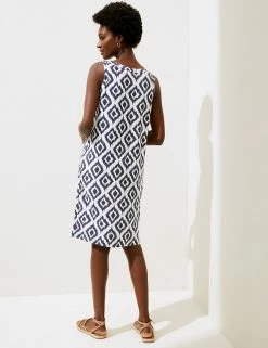 Deals 🔥 M&S Collection 👗 Dresses Linen Blend Printed Scoop Neck Shift 👗 Dress 🔔 -Women's Holiday Shop Sales SD 01 T52 6104 Y8 X EC 2