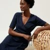Best deal 💯 M&S Collection 👗 Dresses Linen Blend Short Sleeve Midi Wrap 👗 Dress 😉