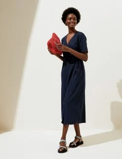 Best deal 💯 M&S Collection 👗 Dresses Linen Blend Short Sleeve Midi Wrap 👗 Dress 😉 -Women's Holiday Shop Sales SD 01 T52 6700 F0 X EC 1
