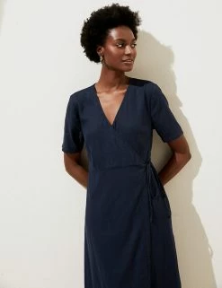 Best deal 💯 M&S Collection 👗 Dresses Linen Blend Short Sleeve Midi Wrap 👗 Dress 😉 -Women's Holiday Shop Sales SD 01 T52 6700 F0 X EC 2