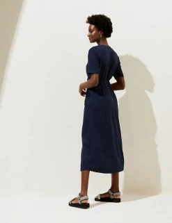 Best deal 💯 M&S Collection 👗 Dresses Linen Blend Short Sleeve Midi Wrap 👗 Dress 😉 -Women's Holiday Shop Sales SD 01 T52 6700 F0 X EC 3