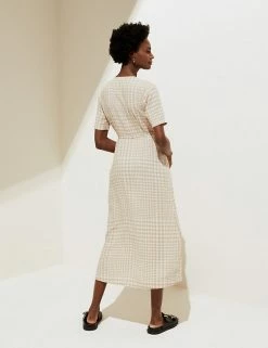 Cheapest ⭐ M&S Collection 👗 Dresses Linen Blend Checked Midi Wrap 👗 Dress 😀 -Women's Holiday Shop Sales SD 01 T52 6701 NU X EC 3