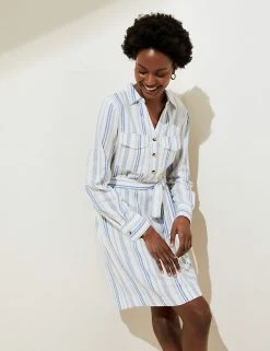Best Pirce 🎉 M&S Collection 👗 Dresses Linen Rich Striped Knee Length 👕 Shirt 👗 Dress 🛒 -Women's Holiday Shop Sales SD 01 T52 6703 Z4 X EC 1