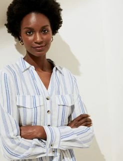 Best Pirce 🎉 M&S Collection 👗 Dresses Linen Rich Striped Knee Length 👕 Shirt 👗 Dress 🛒 -Women's Holiday Shop Sales SD 01 T52 6703 Z4 X EC 2