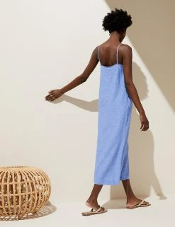 Deals 🥰 M&S Collection 👗 Dresses Linen Rich Square Neck Midi Slip 👗 Dress 🌟 -Women's Holiday Shop Sales SD 01 T52 6704 SY X EC 3