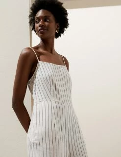 Brand new ✨ M&S Collection 👗 Dresses Linen Rich Striped Square Neck Jumpsuit ⭐ -Women's Holiday Shop Sales SD 01 T52 6707 K4 X EC 1