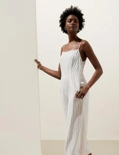 Brand new ✨ M&S Collection 👗 Dresses Linen Rich Striped Square Neck Jumpsuit ⭐ -Women's Holiday Shop Sales SD 01 T52 6707 K4 X EC 2