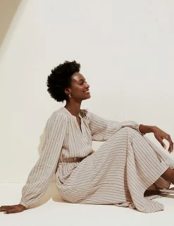 Deals 😉 M&S Collection 👗 Dresses Linen Blend Striped Maxi Tiered 👗 Dress 💯 -Women's Holiday Shop Sales SD 01 T52 6708 YQ X EC 1