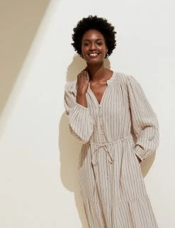 Deals 😉 M&S Collection 👗 Dresses Linen Blend Striped Maxi Tiered 👗 Dress 💯 -Women's Holiday Shop Sales SD 01 T52 6708 YQ X EC 2