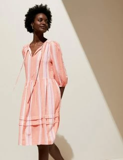 Budget 🌟 M&S Collection 👗 Dresses Linen Blend Striped Mini Tiered 👗 Dress 🎉