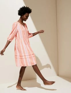 Budget 🌟 M&S Collection 👗 Dresses Linen Blend Striped Mini Tiered 👗 Dress 🎉 -Women's Holiday Shop Sales SD 01 T52 6710 A4 X EC 1