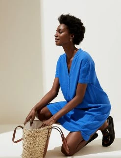 Best Sale 🌟 M&S Collection 👗 Dresses Linen Rich V-Neck Short Sleeve Shift 👗 Dress ⌛