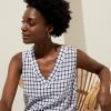 Cheapest 👏 M&S Collection 👗 Dresses Linen Blend Checked V-Neck Midi Shift 👗 Dress ✔️