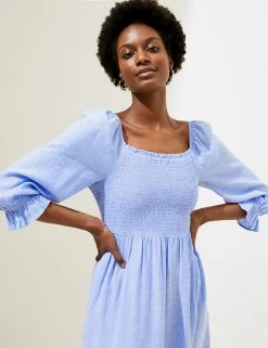 Outlet ๐คฉ M&S Collection ๐ Dresses Linen Blend Shirred Midi Smock ๐ Dress โญ