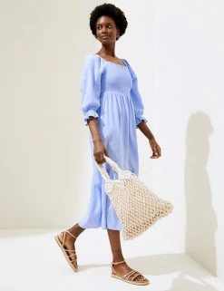 Outlet 🤩 M&S Collection 👗 Dresses Linen Blend Shirred Midi Smock 👗 Dress ⭐ -Women's Holiday Shop Sales SD 01 T52 6726 SA X EC 1