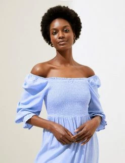 Outlet 🤩 M&S Collection 👗 Dresses Linen Blend Shirred Midi Smock 👗 Dress ⭐ -Women's Holiday Shop Sales SD 01 T52 6726 SA X EC 2