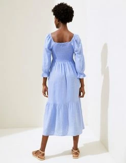 Outlet 🤩 M&S Collection 👗 Dresses Linen Blend Shirred Midi Smock 👗 Dress ⭐ -Women's Holiday Shop Sales SD 01 T52 6726 SA X EC 4