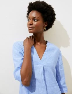 Discount 👍 M&S Collection Tunics Pure Linen V-Neck 3/4 Sleeve Tunic 😉 -Women's Holiday Shop Sales SD 01 T52 6728 SA X EC 1