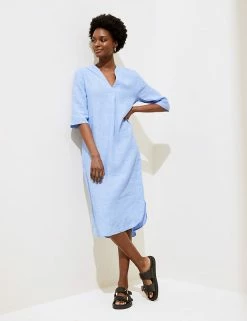 Discount 👍 M&S Collection Tunics Pure Linen V-Neck 3/4 Sleeve Tunic 😉 -Women's Holiday Shop Sales SD 01 T52 6728 SA X EC 2