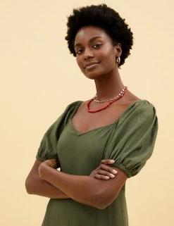 Cheapest 💯 M&S Collection Women Linen Blend Sweetheart Neckline Midi 👗 Dress 😍 -Women's Holiday Shop Sales SD 01 T52 6900B KH X EC 1