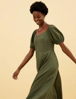 Cheapest 💯 M&S Collection Women Linen Blend Sweetheart Neckline Midi 👗 Dress 😍 -Women's Holiday Shop Sales SD 01 T52 6900B KH X EC 3