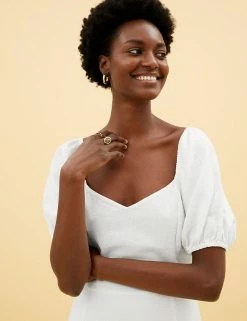 Best Sale ❤️ M&S Collection 👗 Dresses Linen Blend Sweetheart Neckline Midi 👗 Dress 🎉 -Women's Holiday Shop Sales SD 01 T52 6911 Z0 X EC 2