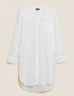 New 🤩 M&S Collection Women Pure Cotton Longline Beach Cover Up 👚 Shirt 👏 -Women's Holiday Shop Sales SD 01 T52 7384 Z0 X EC 90