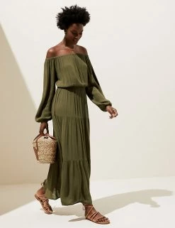 Coupon ⭐ M&S Collection 👗 Dresses Bardot Maxi Tiered Beach 👗 Dress ⭐ -Women's Holiday Shop Sales SD 01 T52 7390 KH X EC 2