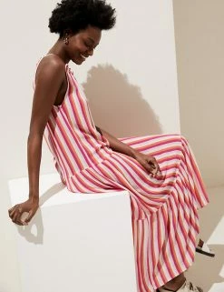 Hot Sale 🥰 M&S Collection 👗 Dresses Striped High Neck Maxi Tiered Beach 👗 Dress 🛒 -Women's Holiday Shop Sales SD 01 T52 7463 Z4 X EC 2