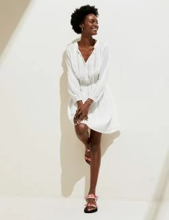 New 🎉 M&S Collection 👗 Dresses Pure Cotton Embroidered Mini Beach 👗 Dress 👏 -Women's Holiday Shop Sales SD 01 T52 7465 Z0 X EC 1