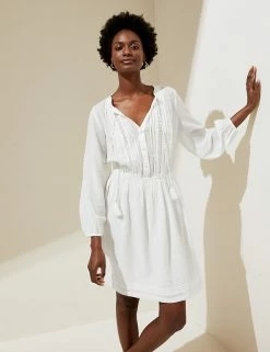 New 🎉 M&S Collection 👗 Dresses Pure Cotton Embroidered Mini Beach 👗 Dress 👏 -Women's Holiday Shop Sales SD 01 T52 7465 Z0 X EC 2