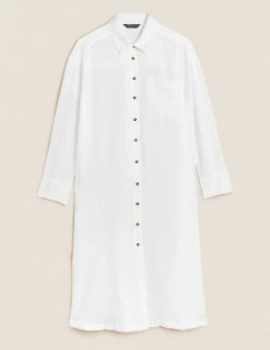Discount 🧨 M&S Collection 👗 Dresses Pure Linen Midi 👕 Shirt Beach 👗 Dress 🎉 -Women's Holiday Shop Sales SD 01 T52 7469 Z0 X EC 90