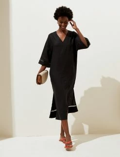 Discount 🔔 M&S Collection 👗 Dresses Pure Linen V-Neck Beach Cover Up Kaftan ❤️