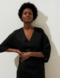 Discount 🔔 M&S Collection 👗 Dresses Pure Linen V-Neck Beach Cover Up Kaftan ❤️ -Women's Holiday Shop Sales SD 01 T52 7471 Y0 X EC 1