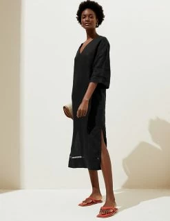 Discount 🔔 M&S Collection 👗 Dresses Pure Linen V-Neck Beach Cover Up Kaftan ❤️ -Women's Holiday Shop Sales SD 01 T52 7471 Y0 X EC 2