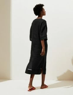 Discount 🔔 M&S Collection 👗 Dresses Pure Linen V-Neck Beach Cover Up Kaftan ❤️ -Women's Holiday Shop Sales SD 01 T52 7471 Y0 X EC 3