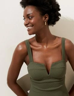 Buy 🧨 M&S Collection 🩱 Swimsuits Ribbed Padded Plunge 🩱 Swimsuit ❤️ -Women's Holiday Shop Sales SD 01 T52 7493 KH X EC 2