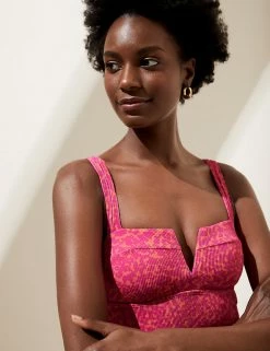 Promo 💯 M&S Collection 🩱 Swimsuits Animal Print Ribbed Padded Plunge 🩱 Swimsuit 🤩 -Women's Holiday Shop Sales SD 01 T52 7494 A4 X EC 2