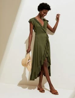 Buy 🤩 M&S Collection 👗 Dresses Frill Detail Midi Wrap 👗 Dress 💯