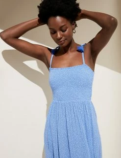 New ✔️ M&S Collection 👗 Dresses Spot Print Shirred Midi Waisted 👗 Dress 🎉