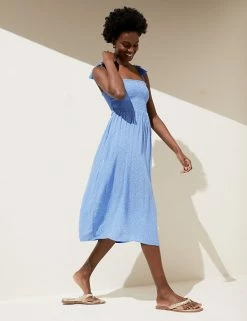 New ✔️ M&S Collection 👗 Dresses Spot Print Shirred Midi Waisted 👗 Dress 🎉 -Women's Holiday Shop Sales SD 01 T52 7582 E4 X EC 1