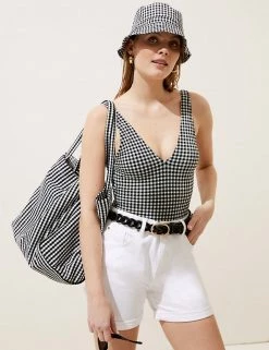 Buy 🔥 M&S Collection 🩱 Swimsuits Gingham Padded Plunge 🩱 Swimsuit 😍 -Women's Holiday Shop Sales SD 01 T52 7859 Y4 X EC 1