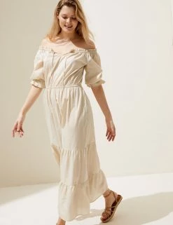 Best reviews of 🥰 M&S Collection 👗 Dresses Pure Cotton Bardot Midi Tiered Beach 👗 Dress 🔔