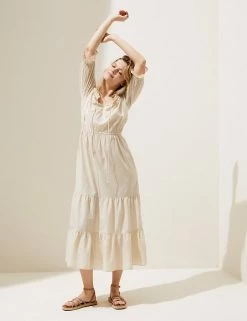 Best reviews of 🥰 M&S Collection 👗 Dresses Pure Cotton Bardot Midi Tiered Beach 👗 Dress 🔔 -Women's Holiday Shop Sales SD 01 T52 7968 SU X EC 4