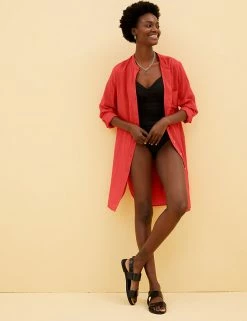 Buy 😍 M&S Collection 👕 Shirts & Blouses Pure Cotton Collarless Beach Cover Up 👕 Shirt 👍 -Women's Holiday Shop Sales SD 01 T52 7998 P5 X EC 3