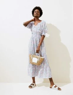 Cheapest 🛒 M&S Collection 👗 Dresses Pure Cotton Floral Bardot Midi Beach 👗 Dress 👏 -Women's Holiday Shop Sales SD 01 T52 8274 ZZ X EC 1